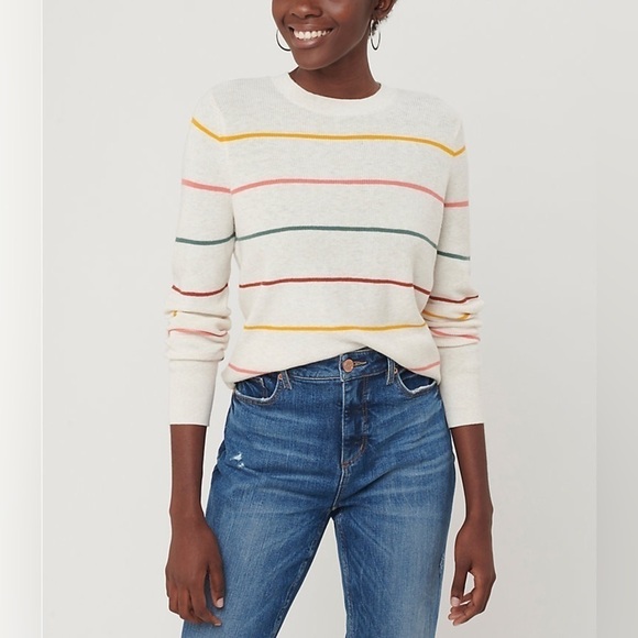 LOFT Ivory Striped Modern Crew Neck Sweater sz XS - Picture 1 of 10